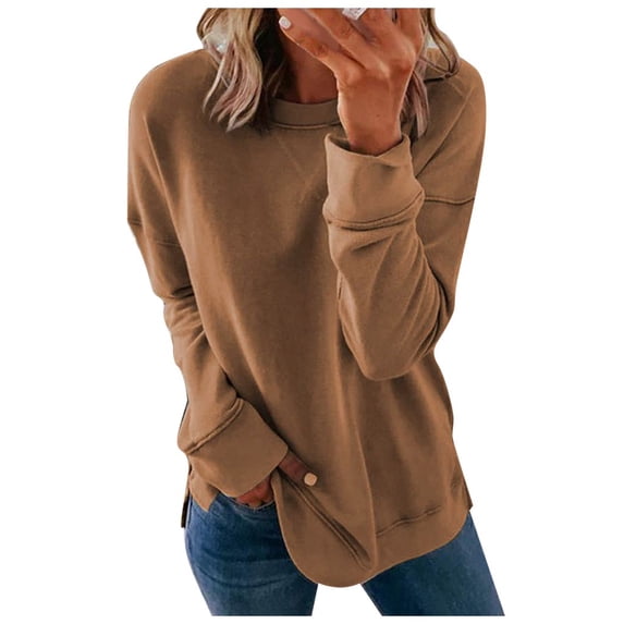 HAPIMO Women's Loose Pullovers Sweatshirts Outwear Clothing Solid Color Tops Trendy Holiday Long Sleeve Crew Neck Casual Relaxed Teen Girls Khaki XXXL