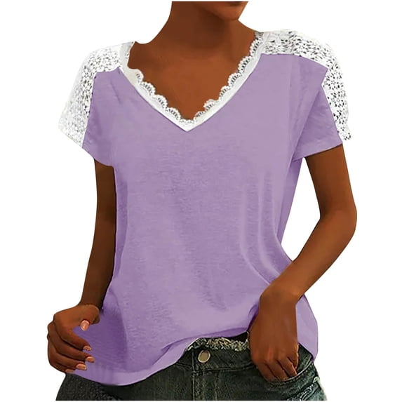 HAPIMO Women's Loose Raglan Lace Pullover Clearance Short Sleeve Tops Summer V Neck Blouse Casual Relaxed Workout Girls Solid Color Crochet Eyelet Tees Trendy Purple XXXXXL