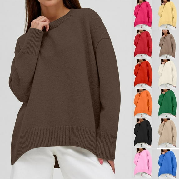 HAPIMO Women's Loose Ribbed Sweaters Tops Fashion Crew Neck Sweatshirts Fall Long Sleeve Cotton Lined Tees Casual Knitted Workout Solid Color Blouses Black OneSize