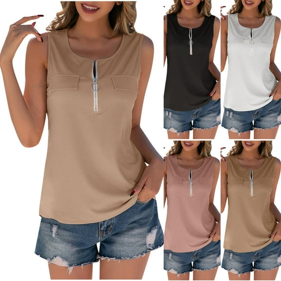 HAPIMO Women's Loose Tank Tops Pocket Trendy Sleeveless Workout Shirts Quarter Zipper Casual Relaxed Tops for Girls Solid Color Cotton Summer Beach Tees Black