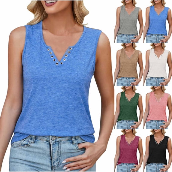 HAPIMO Women's Loose Tank Tops Tunic Trendy Summer Beach Tees Sleeveless Workout Shirts V Neck Button Elegant Casual Tops Solid Color Cotton for Girls Black