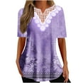 thumbnail image 1 of HAPIMO Women's Loose Tops Dressy Tunic Trendy Short Sleeve Tees V Neck Blouses Casual Workout Pleated Shirts Lace Crochet Splicing Floral Pullovers Summer Clearance Purple XL, 1 of 5