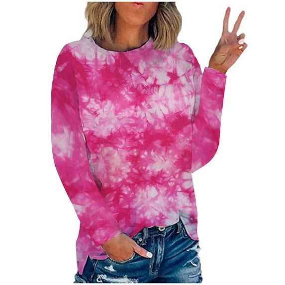 HAPIMO Women's Loose Tops Gradient Tie Dye Tees Autumn Spring Long Sleeve Shirts Round Neck Casual Relaxed Girls Fashion Clothing Hot Pink XXL