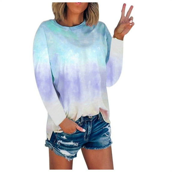HAPIMO Women's Loose Tops Sweatshirt Long Sleeve Shirts Gradient Tie Dye Tees Clothing Trendy Autumn Winter Sale Round Neck Pullover Casual Comfy Sky Blue M