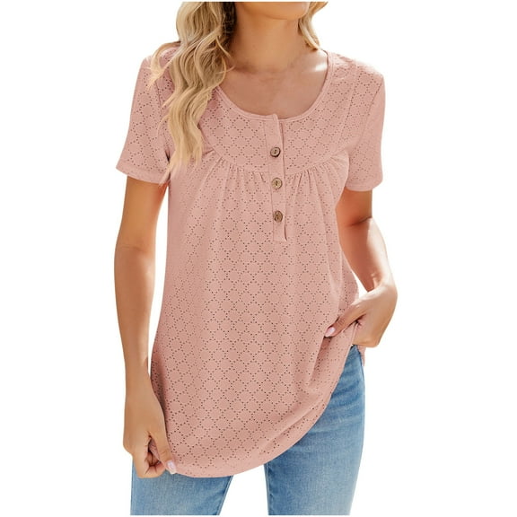 HAPIMO Women's Loose Tunic Pullover Dressy Eyelet Solid Color Ruched Button Shirts for Teen Girls Summer Tees Short Sleeve Casual Workout Blouses Watermelon Red L