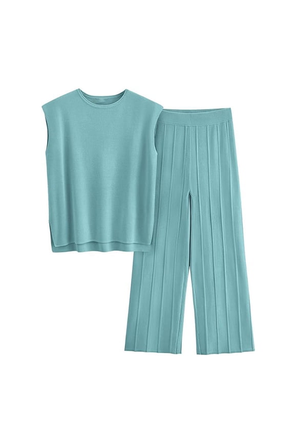 Women's Lounge Sets Two Piece Outfits Knit Sleeveless Crewneck Tops Wide Leg Pleated Pants Casual Dressy Sweater Sets Mint Green M