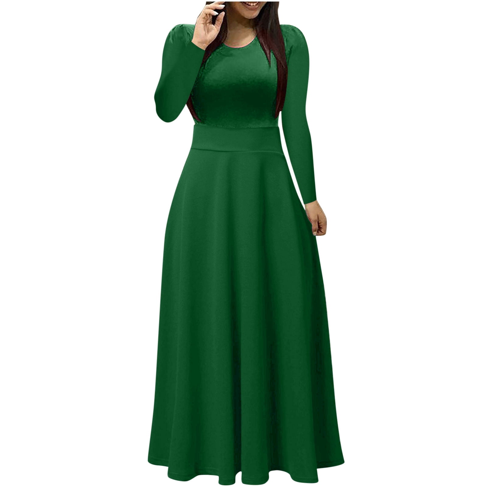HAPIMO Women's Maxi A Line Dress Solid Autumn Dresses Empire Waist Elegant  Holiday Boho Long Sleeve Round Neck Vintage Green XXL - Walmart.com