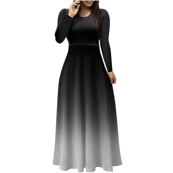 HAPIMO Women's Maxi A Line Dress Solid Fall Dresses Empire Waist Elegant Holiday Boho Long Sleeve Round Neck Vintage Black L