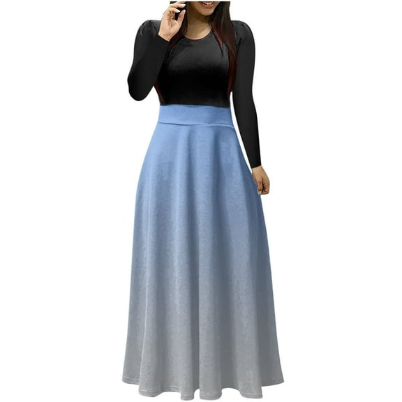 HAPIMO Women's Maxi A Line Dress Solid Fall Dresses Empire Waist Elegant Holiday Boho Long Sleeve Round Neck Vintage Blue XL