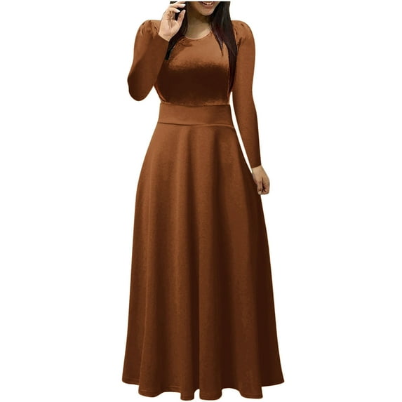 HAPIMO Women's Maxi A Line Splicing Dress Solid Color Round Neck Spring Elegant Casual Daily Trendy Clearance Long Sleeve Brown XXL