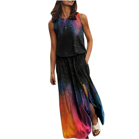 HAPIMO Women's Maxi Blouson Dress Solid Color Tops Sleeveless Clothing Round Neck Side Split Elegant Summer Dresses for Female Yellow XXL