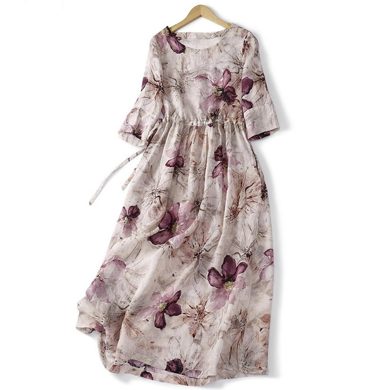 Hapimo Women s Maxi Cotton Dress Solid Color Tops Long Sleeve Clothing Lapel Button Drawstring Empire Waist Summer Dresses for Female Pink L Size