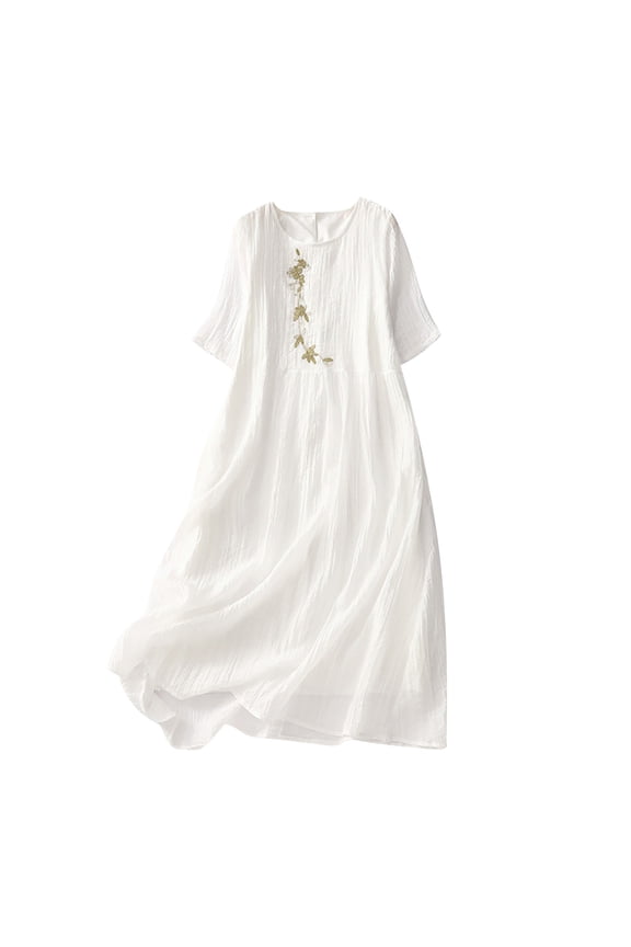 Women's Maxi Cotton Dress Solid Color Tops Long Sleeve Clothing Lapel Button Drawstring Empire Waist Summer Dresses for Female White L