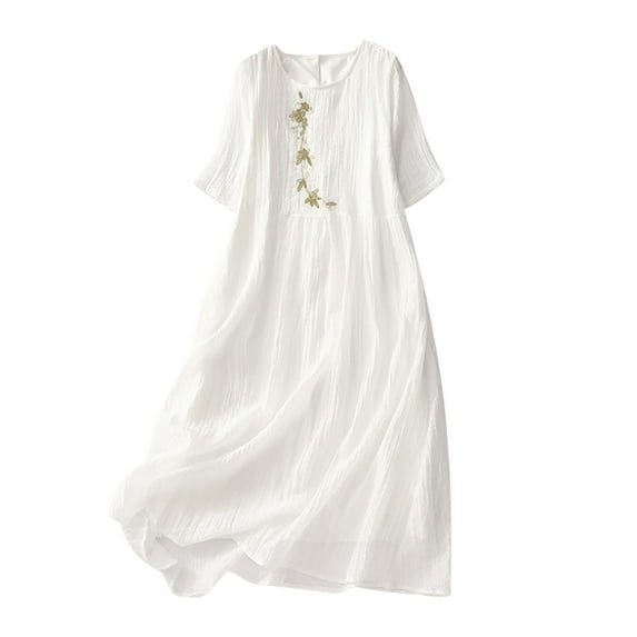 HAPIMO Women's Maxi Cotton Dress Solid Color Tops Long Sleeve Clothing Lapel Button Drawstring Empire Waist Summer Dresses for Female White M