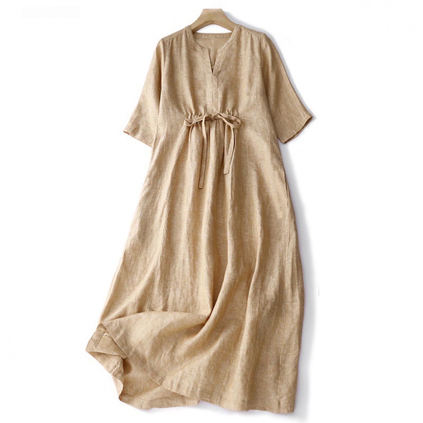 HAPIMO Women's Maxi Cotton Dress Solid Color Tops Long Sleeve Clothing Lapel Button Drawstring Empire Waist Summer Dresses for Female Yellow XL