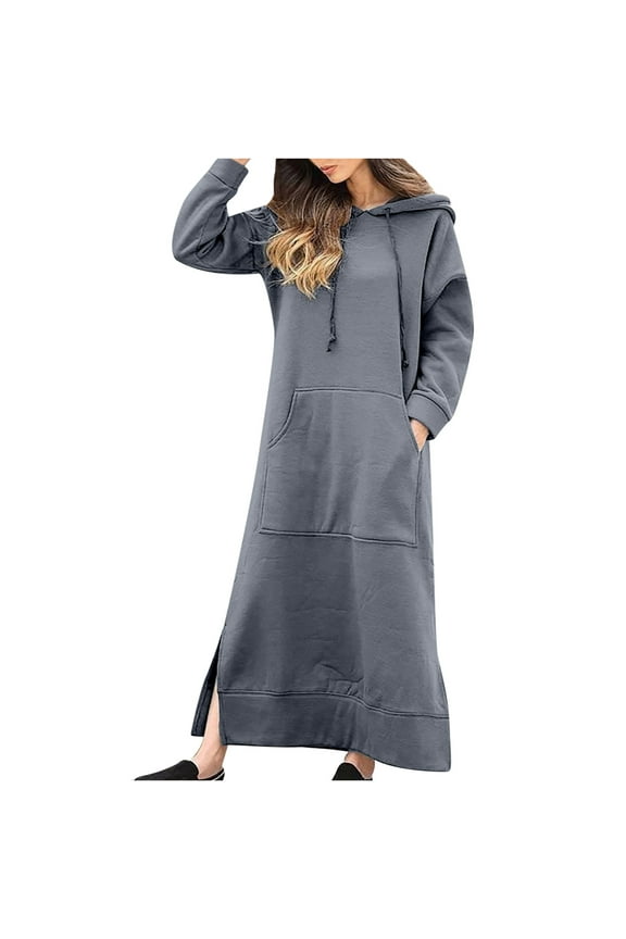 Women's Maxi Hooded Dress Long Sweatshirt Tops with Pocket Solid Color Crew Neck Trendy Girls Long Sleeve Spring Elegant Casual Playwear Outwear Dark Gray S