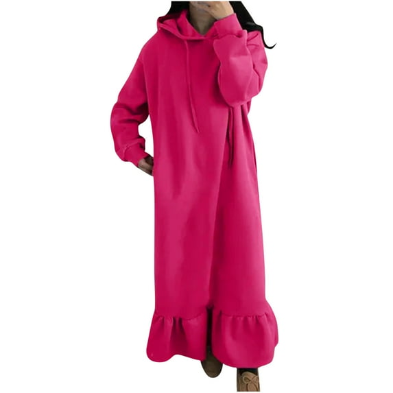 HAPIMO Women's Maxi Hooded Dress Long Sweatshirt Tops Solid Color Long Sleeve Spring Crew Neck Elegant Casual Playwear Ruffle Hem Trendy Girls Hot Pink M