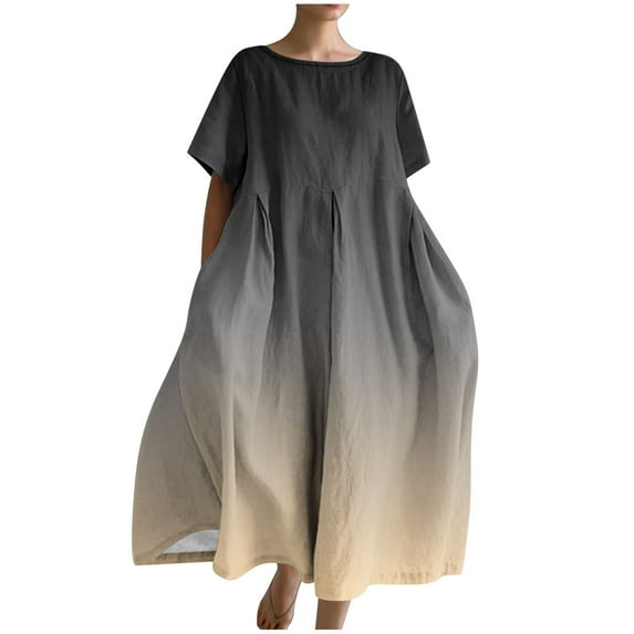HAPIMO Women's Maxi Loose Cotton Linen Dress Solid Color Spring Long Sleeve Round Neck Elegant Casual Playwear Outwear Trendy Girls Gray XXL