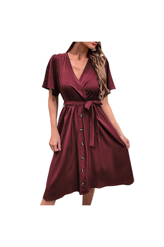 Women's Maxi Loose Dress Abstract Print Retro Half Sleeve Boho Summer Beach Sale Holiday V Neck Sundress for Girls Drawstring Casual Relaxed Red XL