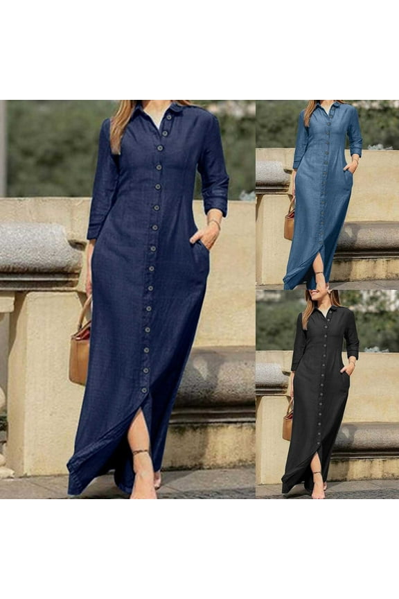 Women's Maxi Shirt Denim Dress Solid Long Sleeve Autumn Dresses Turndown Collar Boho Button Leisure Comfy Vintage Holiday Black S