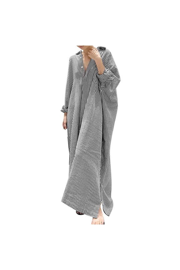 Women's Maxi Shirt Dress Cotton Linen Stripe Long Sleeve Autumn Dresses Boho Turndown Collar Button Leisure Comfy Vintage Holiday Black M