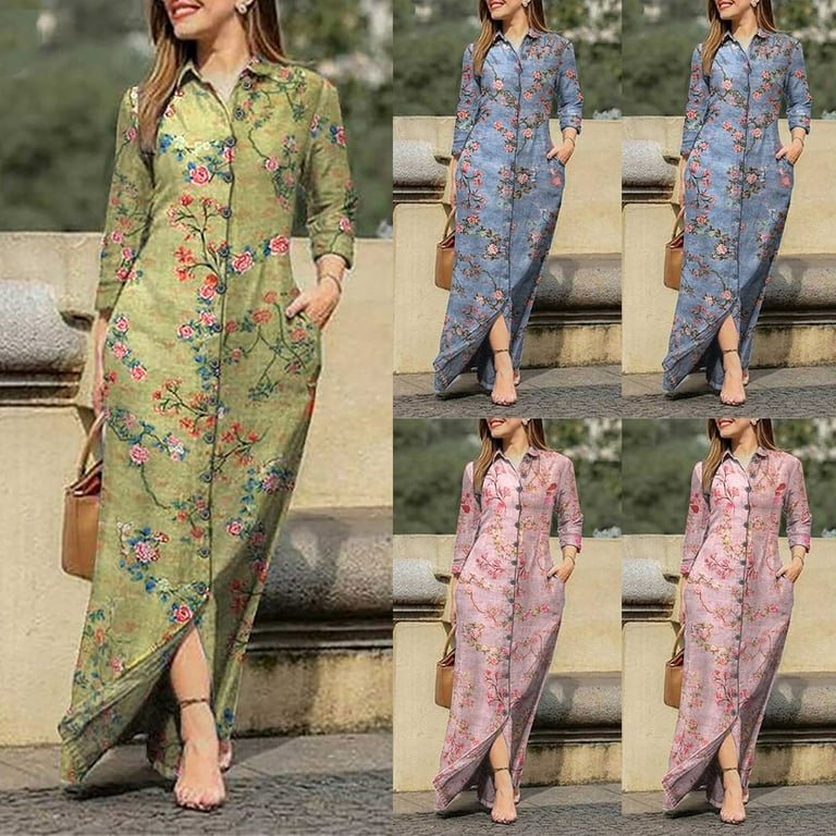 HAPIMO Women s Maxi Shirt Dress with Pocket Clearance Floral Print Autumn Dresses Turndown Collar Boho Elegant Casual Comfy Vintage Holiday Long Sleeve Green S Walmart