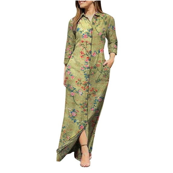 HAPIMO Women's Maxi Shirt Dress with Pocket Clearance Floral Print Autumn Dresses Turndown Collar Boho Elegant Casual Comfy Vintage Holiday Long Sleeve Green L