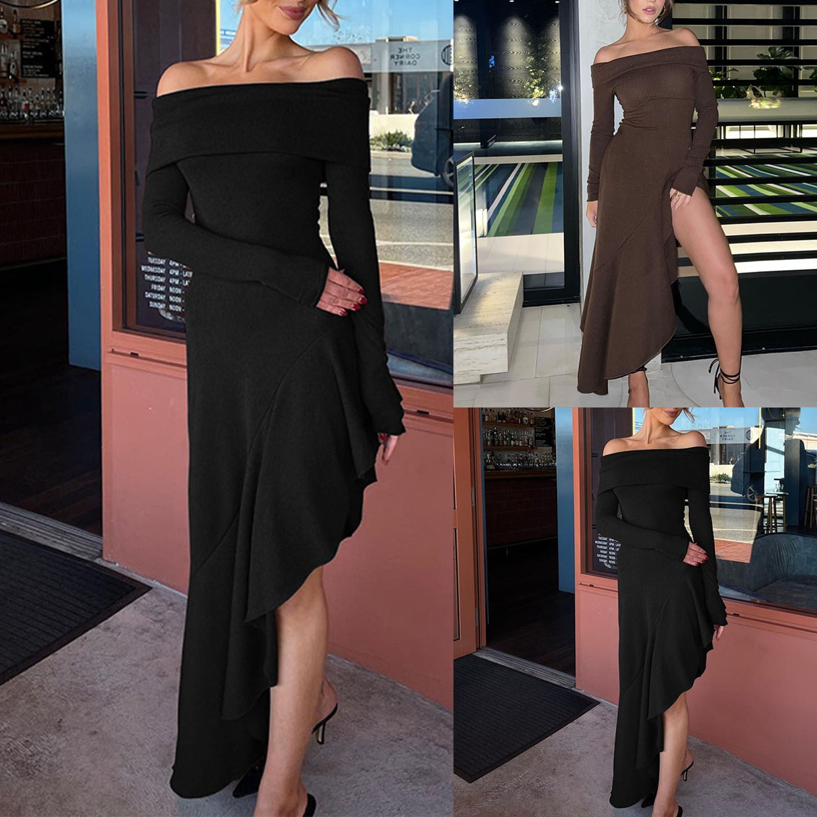 HAPIMO Women's Maxi Split Ruffle Dress Solid Color Trendy Long Sleeve ...
