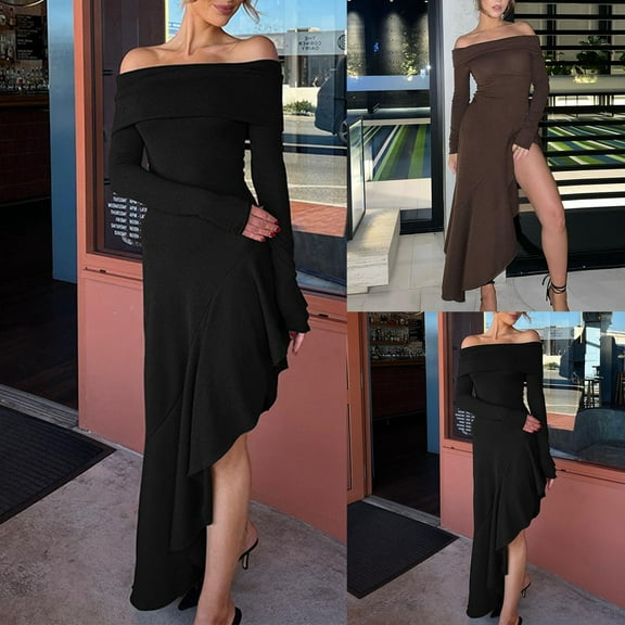 HAPIMO Women's Maxi Split Ruffle Dress Solid Color Trendy Long Sleeve Spring Elegant Cocktail Party Off Shoulder Black L