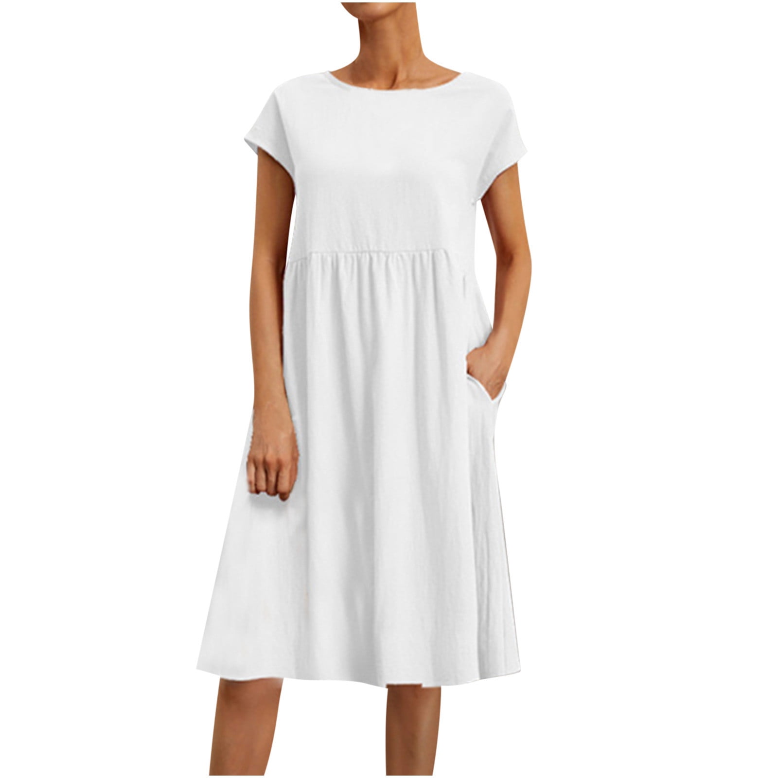 womens cotton dress tops HAPIMO Women's Midi Cotton Dress with Pocket Solid Color Tops Short Sleeve  Clothing Round Neck Elegant Casual Comfy Summer Dresses for Female White XL  Discount