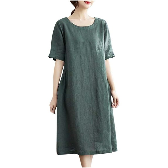 HAPIMO Women's Midi Cotton Dress with Pocket Solid Color Tops Short Sleeve Clothing Round Neck Elegant Casual Comfy Summer Dresses for Female Green