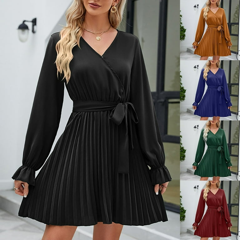 HAPIMO Women s Mini A Line Dress Long Sleeve Clothing Solid Color Tops V Neck Bandage Empire Waist Summer Dresses for Female Army Green L Sales