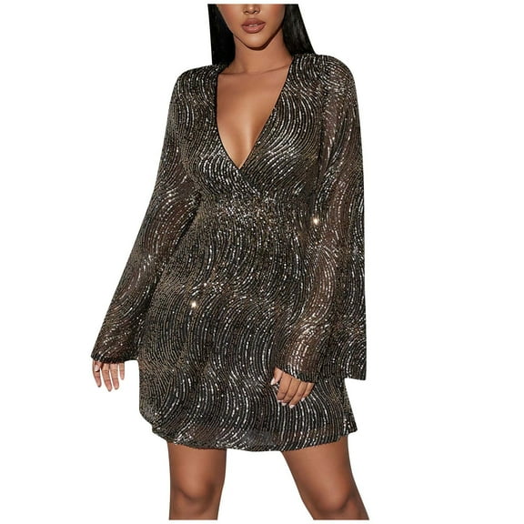 HAPIMO Women's Mini A Line Evening Dress Solid Color Sequin Shiny Long Sleeve Trendy V Neck Spring Elegant Cocktail Party Gold M