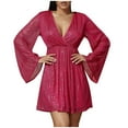 thumbnail image 1 of HAPIMO Women's Mini A Line Evening Dress Solid Color Sequin Shiny Long Sleeve Trendy V Neck Spring Elegant Cocktail Party Hot Pink L, 1 of 7
