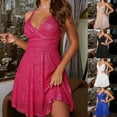 thumbnail image 1 of HAPIMO Women's Mini A Line Evening Dress Solid Color Sequin Shiny Sleeveless V Neck Elegant Cocktail Party Trendy Spring Black L, 1 of 7