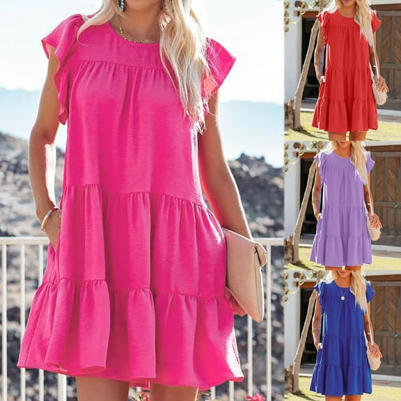 HAPIMO Women's Mini Babydoll Dress Summer Sale Solid Boho Vintage Holiday Flared Sleeve Beach Fit Round Neck Sundress for Girls Tiered Casual Elegant Blue XXL