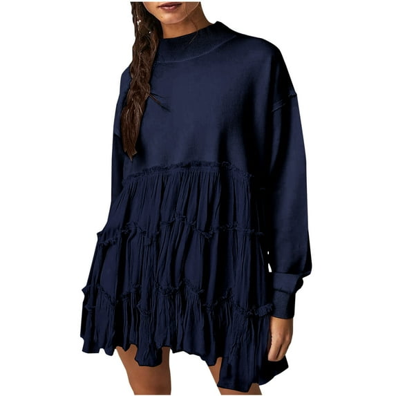 HAPIMO Women's Mini Babydolls Dress Sweatshirts Solid Color Hide Belly Casual Splicing Ruffle Hem Pleated Spring Dressy Tunic High Neck Trendy Girls Navy XXL