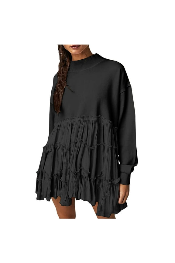 Women's Mini Babydolls Dress Sweatshirts Solid Color High Neck Hide Belly Casual Splicing Ruffle Hem Pleated Trendy Girls Spring Dressy Tunic Black S