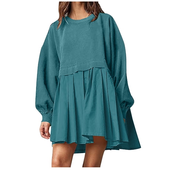 HAPIMO Women's Mini Babydolls Dress Sweatshirts Solid Color Trendy Girls Spring Long Sleeve Dressy Tunic Elegant Casual Splicing Ruffle Hem Pleated Clearance Crew Neck Blue M