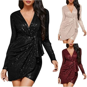 HAPIMO Women's Mini Bodycon Dress Solid Sequins Shiny Clearance Spring Long Sleeve V Neck Elegant Cocktail Party Trendy Beige L