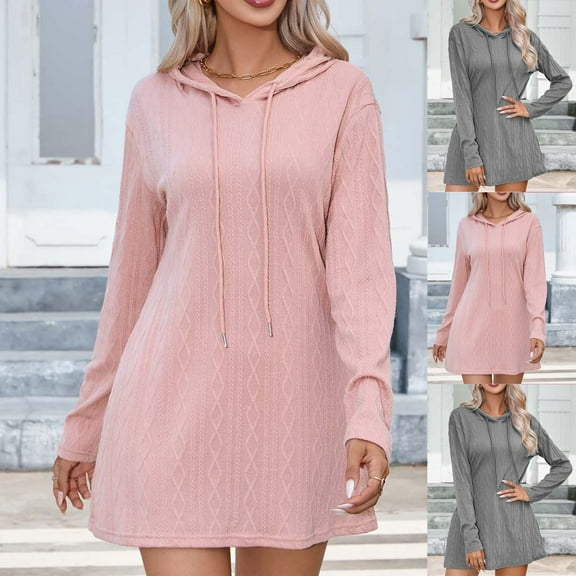 HAPIMO Women's Mini Hoodie Knitted Dress Sweater Solid Color Spring Long Sleeve Crew Neck Elegant Casual Trendy Gray L