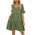 thumbnail image 1 of HAPIMO Women's Mini Loose Babydoll Dress Ruffle Sleeve Clothing Solid Color Tops V Neck Elegant Casual Comfy Summer Dresses for Female Army Green XL, 1 of 6