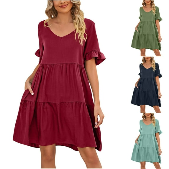 HAPIMO Women's Mini Loose Babydoll Dress Ruffle Sleeve Clothing Solid Color Tops V Neck Elegant Casual Comfy Summer Dresses for Female Green S