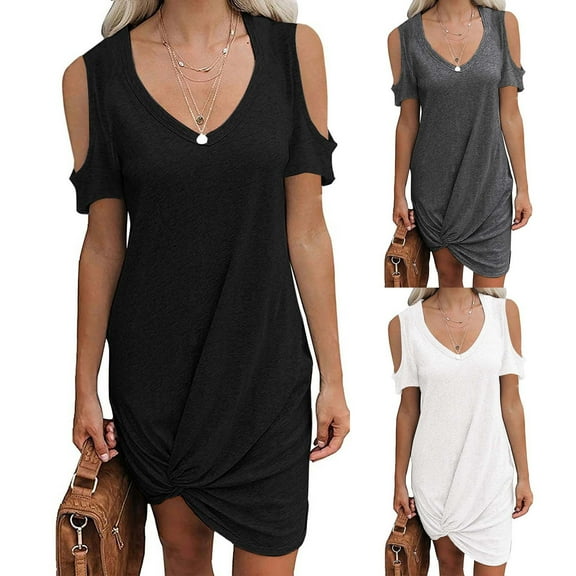 HAPIMO Women's Mini Loose Dress Cold Shoulder Sleeve Clothing Scoop Neck Solid Color Tops Side Knot Elegant Summer Dresses for Female White s
