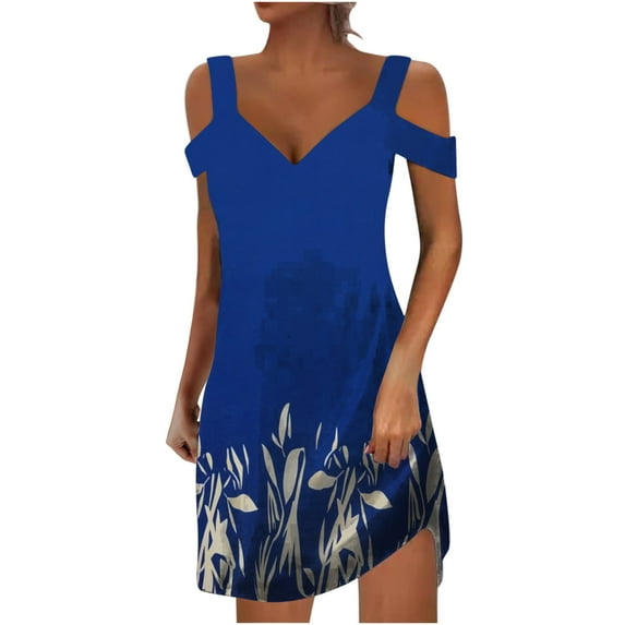 HAPIMO Women's Mini Loose Dress Summer Sale Floral Print Beach Cold Shoulder Sleeve Boho Holiday Fit V Neck Sundress for Girls Vintage Elegant Casual Comfy Blue L