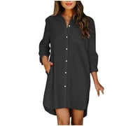 HAPIMO Women's Mini Loose Shirt Dress Solid Color Elegant Casual Clearance Long Sleeve Trendy Lapel Button Spring Black L