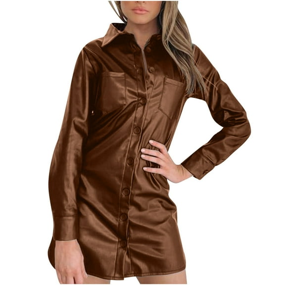 HAPIMO Women's Mini Loose Shirt Dress Solid Color Elegant Casual Long Sleeve Trendy Lapel Button Spring Brown XL