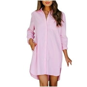 HAPIMO Women's Mini Loose Shirt Dress Solid Color Elegant Casual Long Sleeve Trendy Lapel Button Spring Pink XL