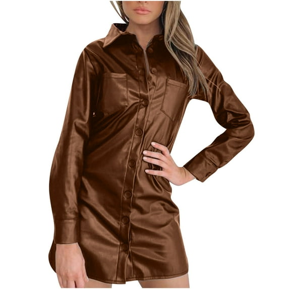 HAPIMO Women's Mini Loose Shirt Dress Solid Color Elegant Casual Long Sleeve Trendy Lapel Button Spring Brown S