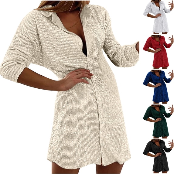 HAPIMO Women's Mini Loose Shirt Dress Solid Sequins Shiny Spring Long Sleeve Lapel Button Elegant Casual Trendy Beige L